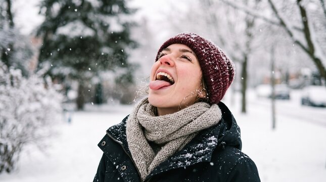 Mouth open woman catching falling snowflakes in a snowy winter park