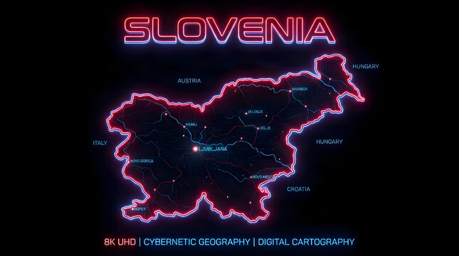 Glowing neon digital map of slovenia isolated on dark background with light, europe central detailed geography