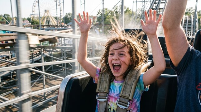 Mouth open screaming girl enjoying roller coaster ride