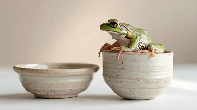 Curious Green Tree Frog Perched on Ceramic Bowl Looking Left