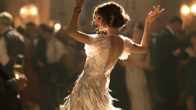 Young woman dancing joyfully in a vintage ballroom with atmospheric lighting and blurred party guests celebrating