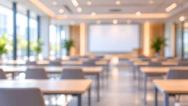 Blurred background of a modern empty classroom or seminar hall with rows of desks and chairs, a large projector screen, and bright natural light from windows for corporate or education themes.