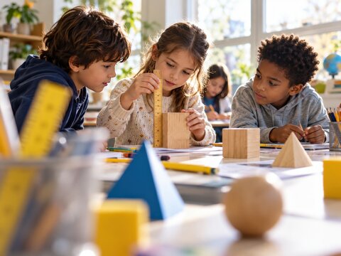 Diverse Elementary School Children Learning Geometry with Wooden Blocks in Sunny Classroom Setting for STEM Education and Collaborative Learning