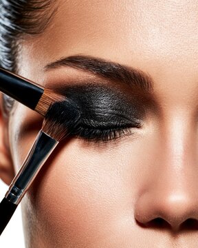 Detailed makeup application of dark black eyeshadow to an eyelid using two cosmetic brushes for a dramatic smokey look on a face showing clear skin texture and precise facial grooming techniques