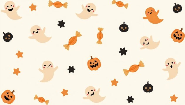 Seamless pattern design for Halloween, cute minimalist flat icons of little ghosts, spider webs, wrapped candy