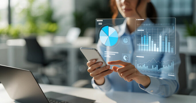 Professional woman touching smartphone screen with floating blue data visualization charts HUD. Modern financial analytics app interface with pie charts and bar graphs on mobile digital screen