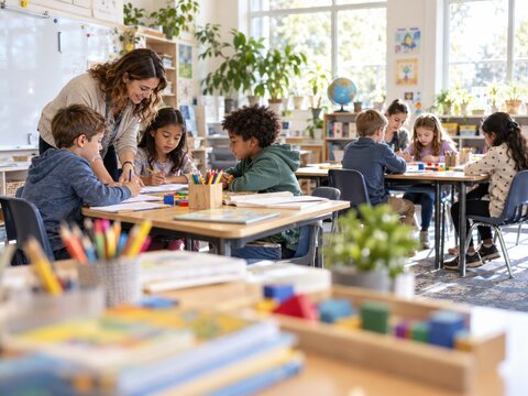 Elementary School Teacher Helping Diverse Group of Young Students in a Bright Modern Classroom for Education and Learning Concepts