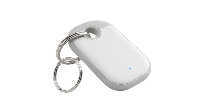 Smart Bluetooth tracker for keys and luggage, white electronic key finder device with metal ring, modern security tracking fob for personal items isolated PNG with Transparent Background