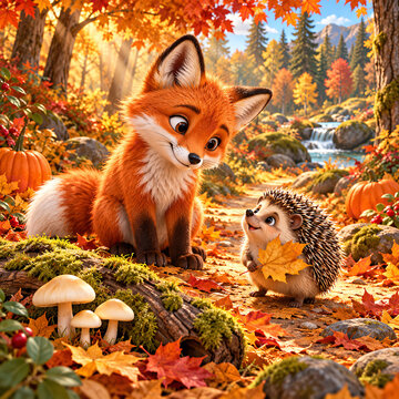Red fox sitting in a lush forest with soft sunlight highlighting its rich red fur and white chest markings