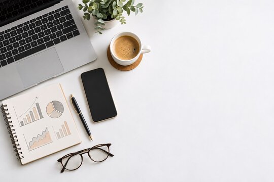 Minimal office desk flat lay with laptop smartphone coffee and charts with copy space