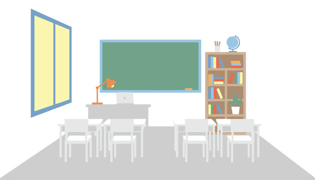 Empty school classroom interior design showing a blackboard, desks, chairs, and a bookshelf with a globe.