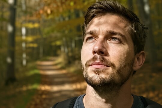 Captures Young Adult Male With Thoughtful Expression Looking Slightly Upwards To Side Gaze Directed Away From Camera Suggesting Moment