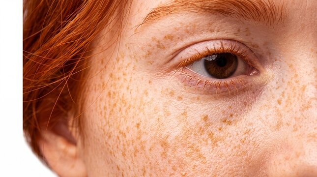 Redhead freckles and brown eye close up on woman face