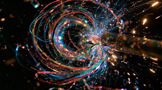Abstract swirling colorful threads with sparks in motion during a dark energetic explosion