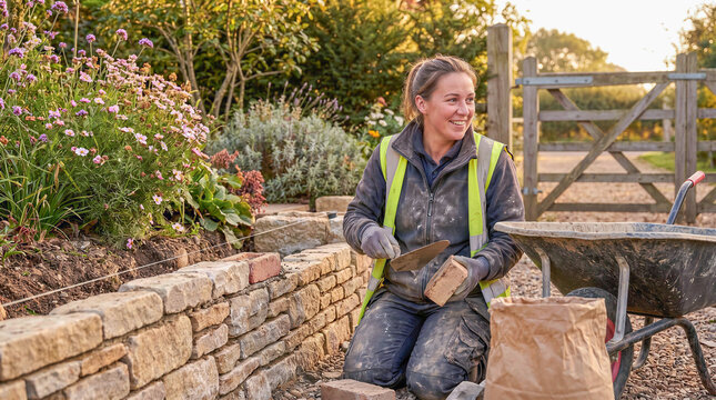 Smiling female mason building a stone garden retaining wall outdoor