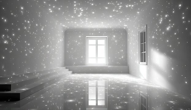 Empty, bright room, star-filled walls and floor