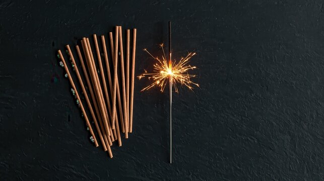 Sparkler igniting with bright glowing embers during festive celebration on dark background