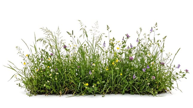 Patch of wildflowers and green grass isolated on white background with greenery