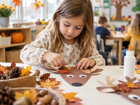 Cute Young Girl Making Autumn Reindeer Craft with Colorful Leaves in Kindergarten Classroom for Creative Learning and Seasonal Activity