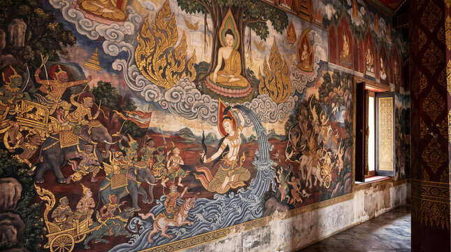 Traditional Thai Buddhist mural painting depicting Buddha and Mother Earth legend on temple wall