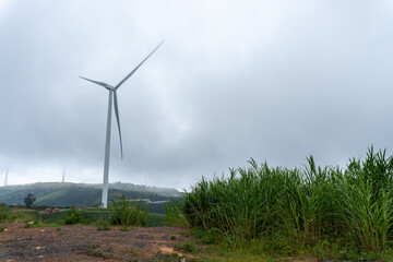 Wind turbine beyond tall grass and exposed ground © IbragimovN