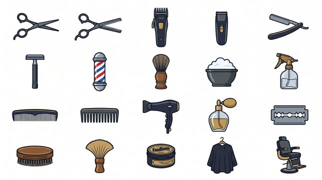 Barbershop tools icon collection featuring razors, clippers, scissors, grooming accessories, hairstyling equipment, minimalist vector illustrations.