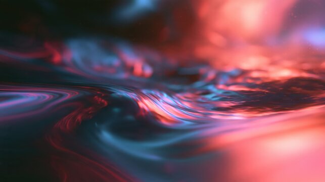 Abstract flowing waves with vibrant red and blue neon light in a dark moody setting suggesting cosmic energy or fluid dynamics