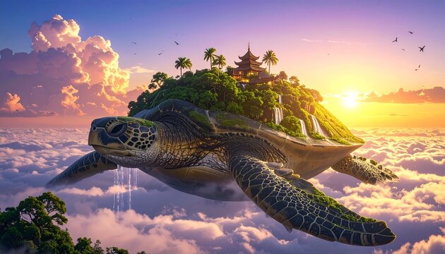 Giant sea turtle flying above the clouds carrying a lush island with a pagoda and waterfalls at sunset