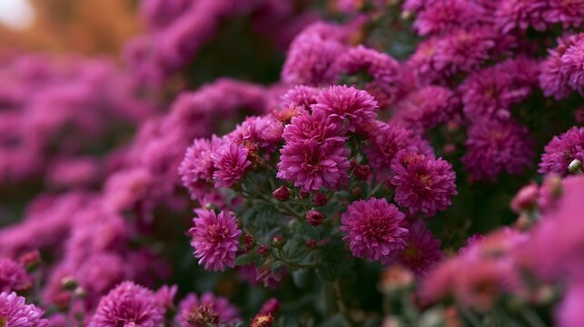 Vibrant pink chrysanthemums bloom densely in a soft focused garden setting  showcasing rich autumnal hues and layered petals