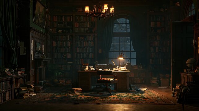 Antique library study with desk lamp illuminated during evening with rich wood and bookshelves