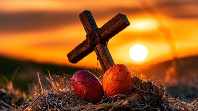 Rustic wooden cross with two decorated cracked eggs sitting in a grass nest during a golden sunrise or sunset background as a symbol of spiritual reflection peace and hope for the spring season