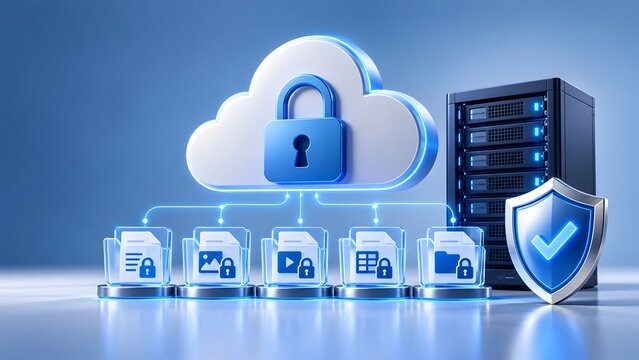Secure cloud computing concept with padlock icon and data folders connected to server rack