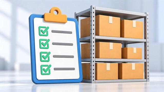 3D render of a blue clipboard with green checkmarks next to a metal storage rack filled with cardboard boxes representing inventory management