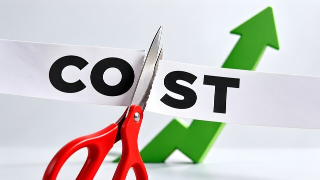 Red scissors cutting the word cost in half with an upward pointing green arrow in the background representing financial growth and optimization