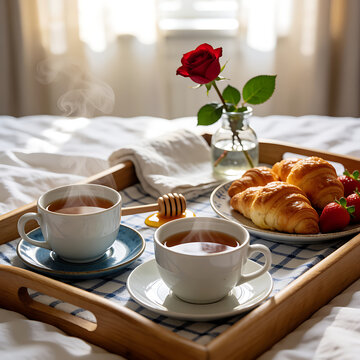 Romantic breakfast in bed for Valentine's Day: two cups of steaming hot tea, croissants, ripe strawberries, honey and a red rose on a wooden tray