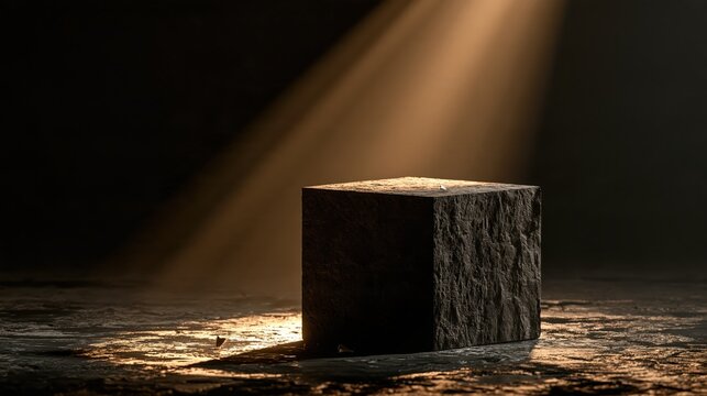 Rough stone cube illuminated by dramatic spotlight on textured ground