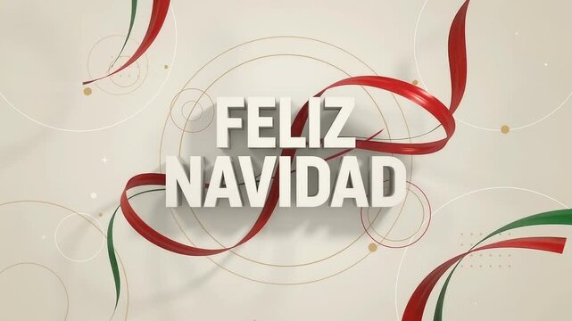 Spanish Christmas greeting 'FELIZ NAVIDAD' is displayed in bold 3D white letters with elegant red and green ribbons swirling around on a light cream background.