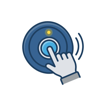 Hand pressing a modern blue push button icon