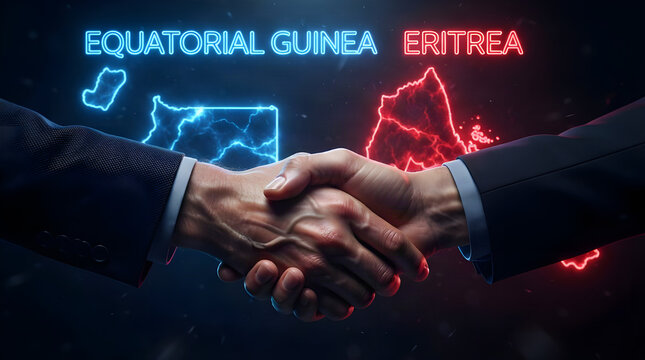 Two businessmen shaking hands in front of glowing neon maps of equatorial guinea and eritrea with handshake agreement partnership international diplomacy negotiation corporate