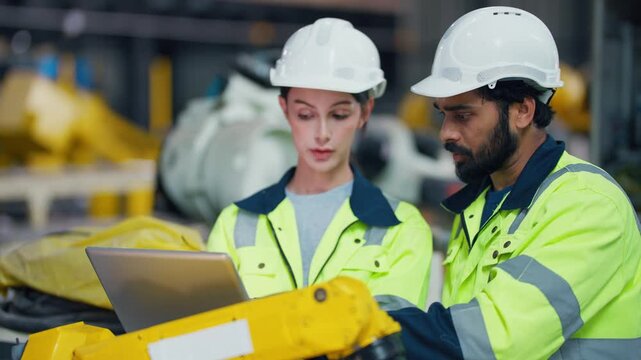 Two engineers study equipment with laptops. They wear hard hats and bright jackets. Focus shows teamwork in a factory setting