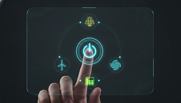 Finger interacts with a glass touch screen displaying glowing renewable energy icons including solar panels and wind turbines for sustainable power.