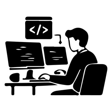 Software developer coding at workstation with multiple monitors for programming.