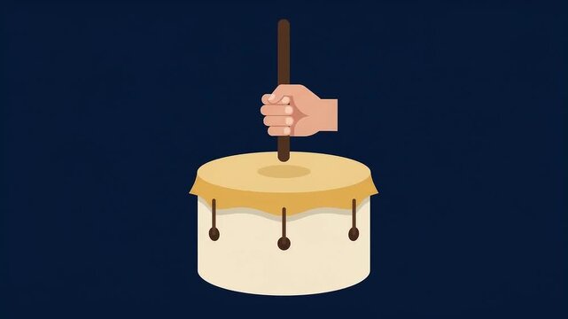Drum being played with a single wooden drumstick held by a simplified human hand on a dark blue background.