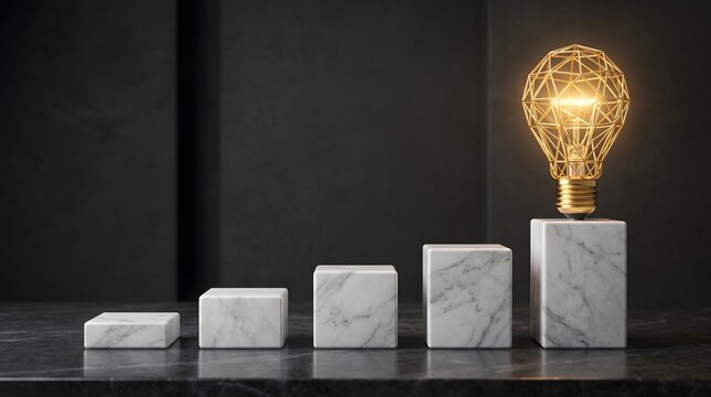 Glowing geometric wireframe lightbulb on marble podium stairs illustrating business idea generation and growth