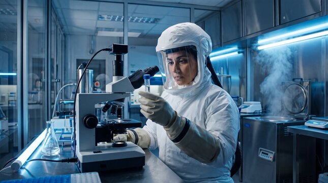 pneumonic plague A scientist in a lab coat and gloves examines a sample under a microscope in a modern laboratory setting.