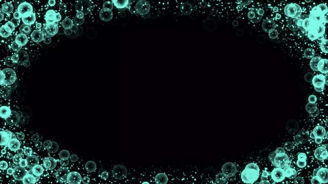 Syan glowing soap bubbles oval frame border for birthday video, bokeh light border with shimmering glowing particles on green background, wedding celebration, video editing project 4k video.