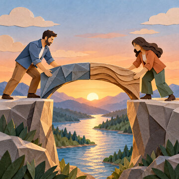Paper figures joining two contrasting halves of a bridge
