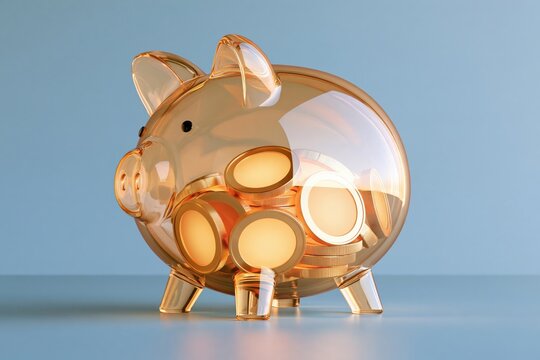 Transparent glass piggy bank filled with glowing gold coins on soft blue background, modern minimal financial concept