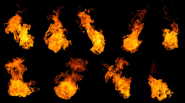 set realistic orange flames isolated on a black background, featuring intense fire, glowing embers, and dynamic burning shapes for dramatic effects, energy concepts, and creative design projects.
