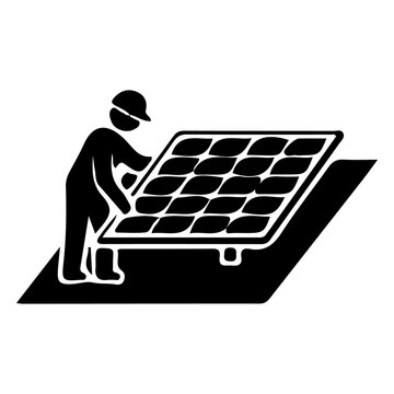 Worker installing solar panel system icon black silhouette for green energy tech.